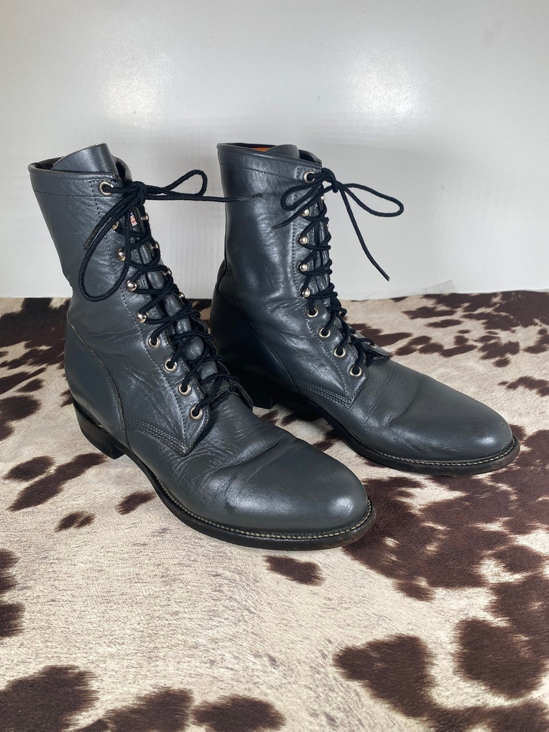 10B Damen Vintage Grau Justin Leder Schnürung, Kiltie Stiefel, Steampunk, Abnehmbare Kiltie Abnehmbare Laschen, Vintage Stiefelette Bild 4