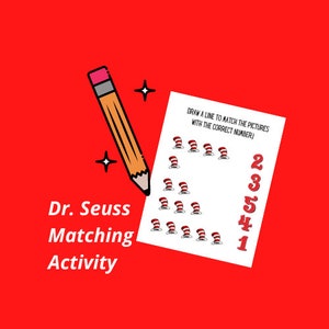 May include: A printable Dr. Seuss matching activity worksheet with a pencil and red stars. The worksheet features a series of red and white hats with a number of hats ranging from one to five. The numbers one through five are listed on the right side of the worksheet. DRAW A LINE TO MATCH THE PICTURES WITH THE CORRECT NUMBER)