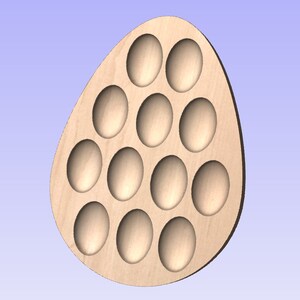 May include: A wooden egg-shaped tray with 12 circular cutouts for holding eggs.