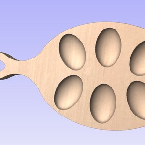 May include: Wooden serving tray with a handle and six oval-shaped indentations. The tray is light brown and has a natural wood grain.