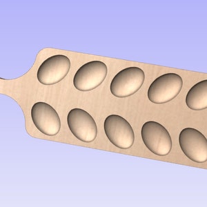 May include: Wooden serving tray with a handle and 12 oval-shaped cutouts. The tray is light brown and has a natural wood finish.