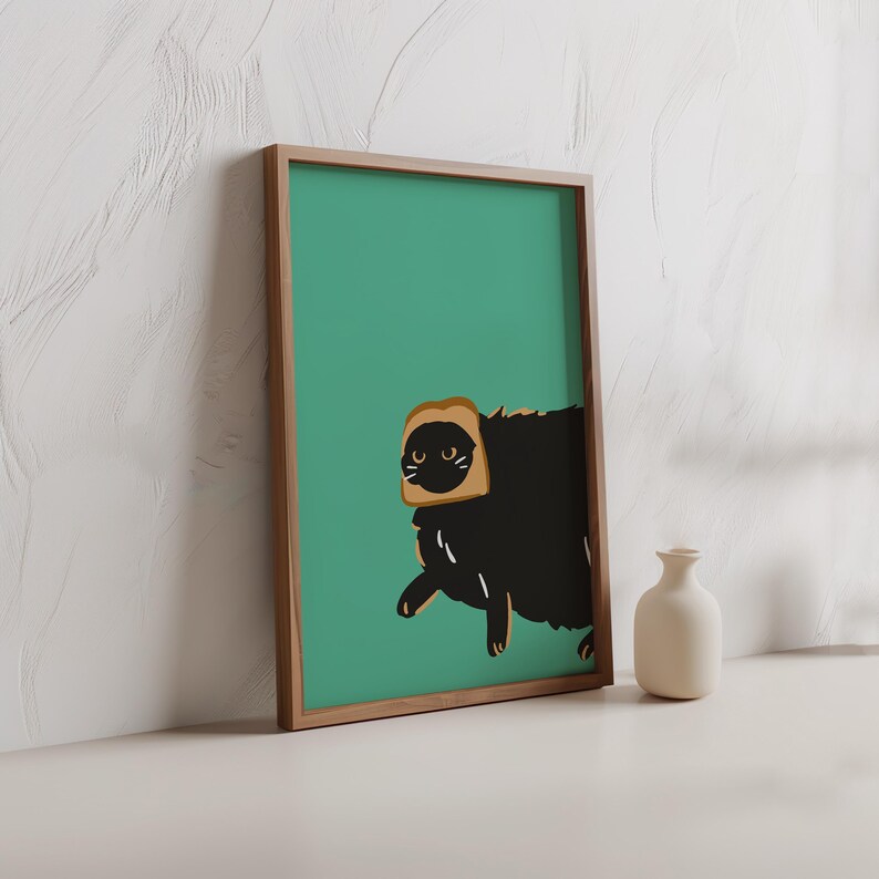 May include: A black cat wearing a brown bread costume against a green background. The cat is looking to the left of the image.