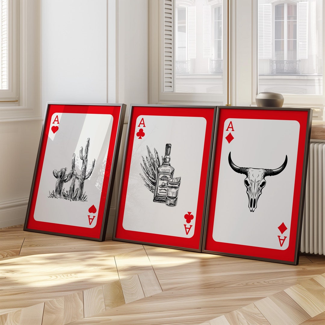 Set of 3 Western Wall Art, Playing Card Poster, Cowboy Apartment Decor ...