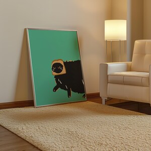 May include: A framed illustration of a black cat wearing a slice of bread as a hat. The cat is walking on a green background.