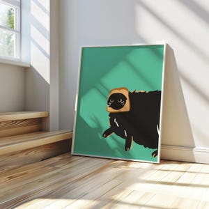 May include: A black cat wearing a slice of bread on its head. The cat is looking to the left and is on a teal background.