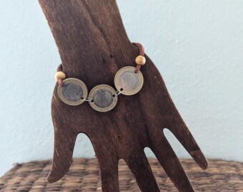 Euro Multi-Coin • Bi-Metal Upcycled Coin + Leather + Bead Bracelet