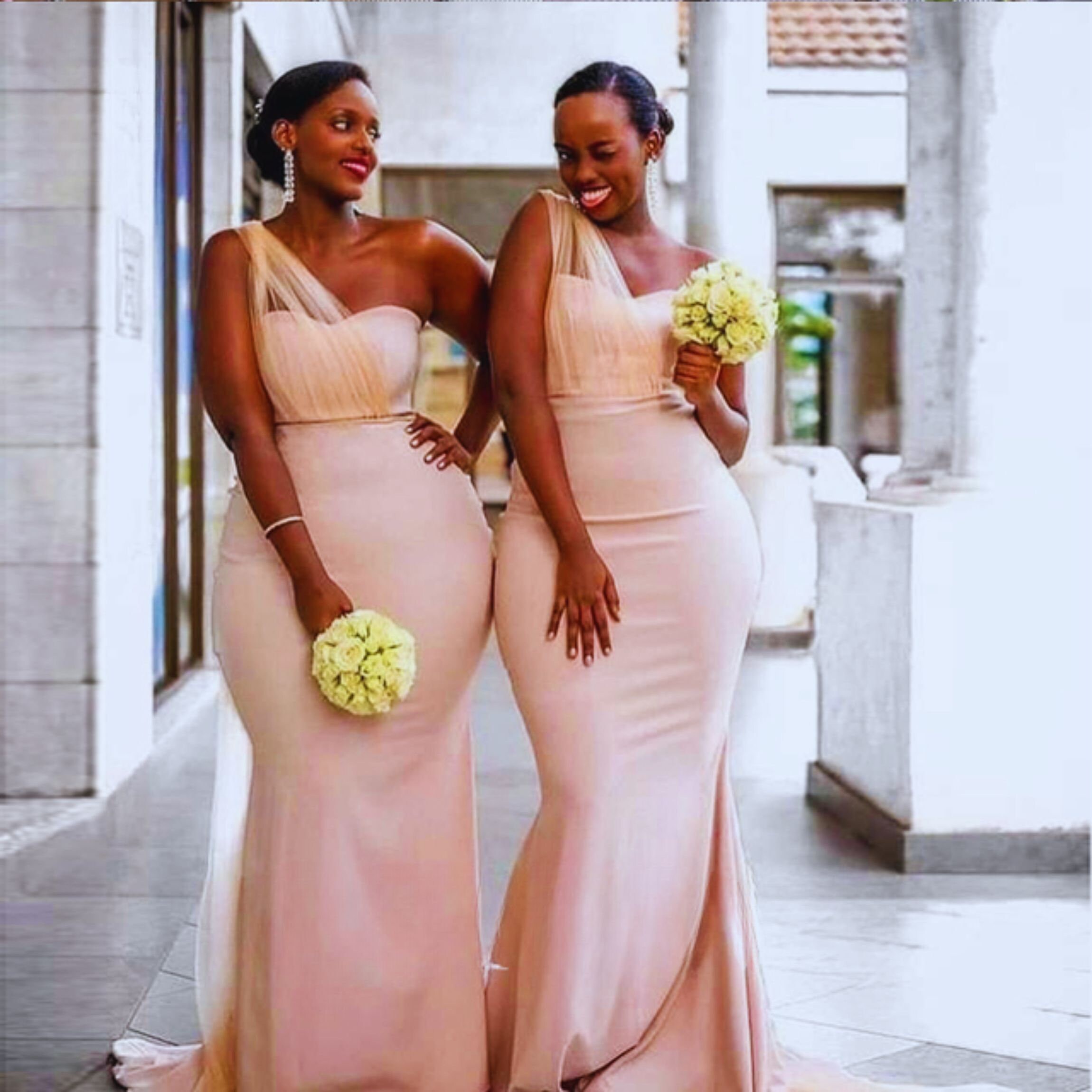 One Shoulder Blush Pink Bridesmaid Dresses