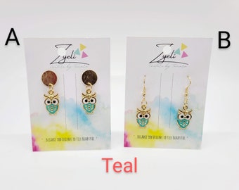 Very Cute gold plated Owl enamel charm earrings