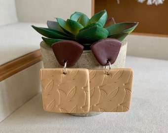 Square Leaf Imprinted Pattern Dangle Earrings, Fall Colored Statement Jewelry, Autumn Harvest Stud Dangles, Handmade Fall Clay Jewelry