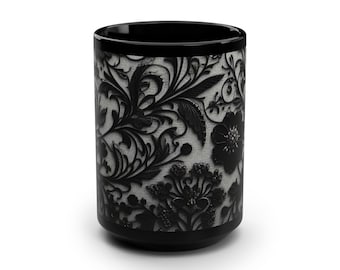 Extra grote beker, zwart bloemdessin - zwarte mok, 15oz