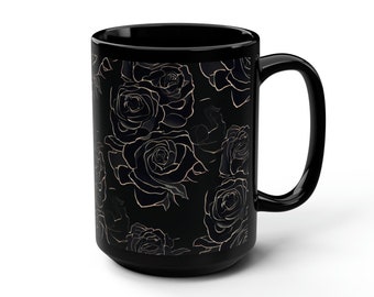 Big Mug, Black Roses, Extra Large Cup for Coffee or Tea - Black Mug, 15oz