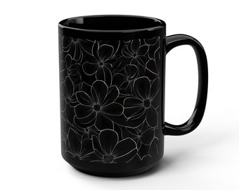 Extra Large Cup, Black Floral Design - Black Mug, 15oz