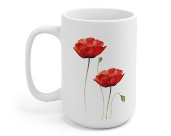 May include: White ceramic mug with a red poppy flower design. The mug has a large handle and is perfect for hot beverages.