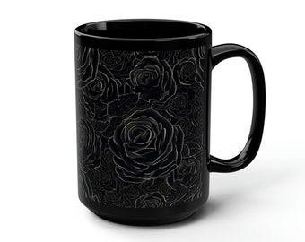 Big Mug, Black Roses, Extra Large Cup for Coffee or Tea - Black Mug, 15oz