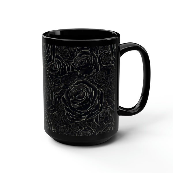 Big Mug, Black Roses, Extra Large Cup for Coffee or Tea - Black Mug, 15oz