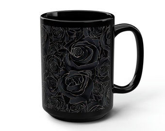 Big Mug, Black Roses, Extra Large Cup for Coffee or Tea - Black Mug, 15oz