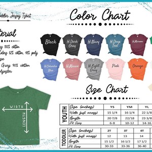 The image is a colorful chart that provides information about a youth and toddler jersey t-shirt, including details such as material, color, size, and dimensions.