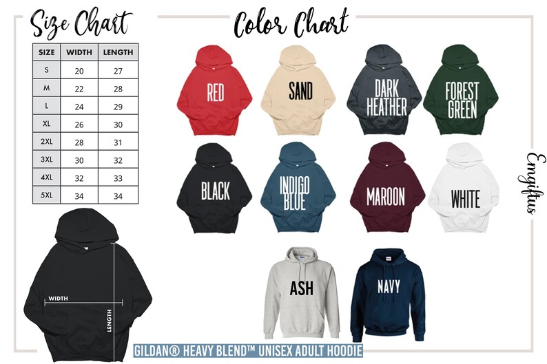 the hoodie sizes chart for each of the hoodies
