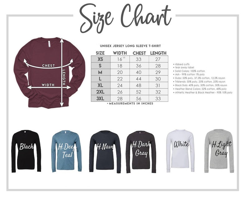 the size chart for a long sleeve t - shirt