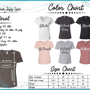 The image is a color chart for a women's v-neck jersey t-shirt, displaying various color options and corresponding measurements.