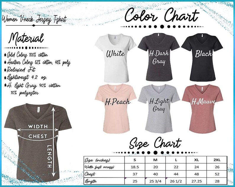 The image is a color chart for a women's v-neck jersey t-shirt, displaying various color options and corresponding measurements.