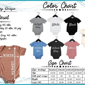 The image is a color chart for baby onesies, providing information on the material, color, and size of the onesies. It includes various color options such as solid color, light gray, black, and natural, along with corresponding size charts for newborns, 6-month-olds, 12-month-olds, and 18-month-olds. The chart also includes a brown onesie with measurements for its width and length.