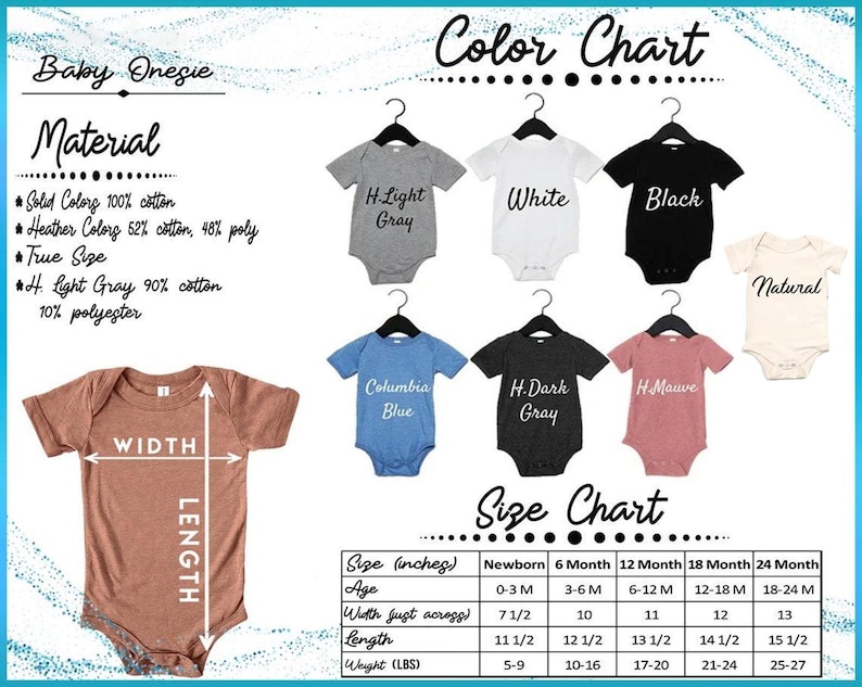 The image is a color chart for baby onesies, providing information on the material, color, and size of the onesies. It includes various color options such as solid color, light gray, black, and natural, along with corresponding size charts for newborns, 6-month-olds, 12-month-olds, and 18-month-olds. The chart also includes a brown onesie with measurements for its width and length.