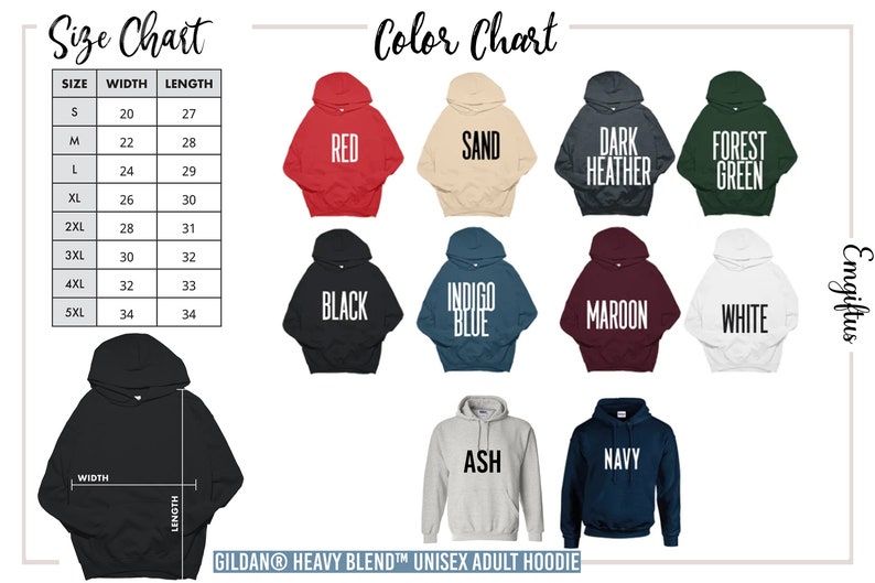 the hoodie sizes chart for each of the hoodies