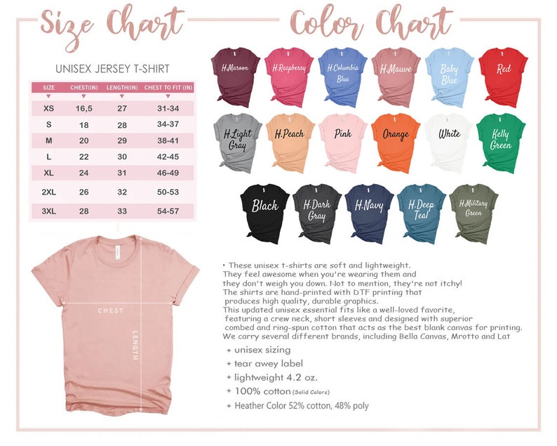 a women's t - shirt size chart with different colors