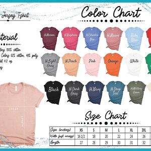 The image is a color chart for a "Unisex Jersey T-shirt" with various color options and corresponding sizes.