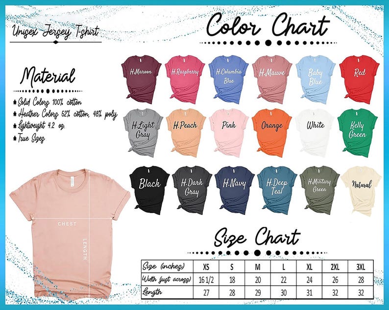 The image is a color chart for a "Unisex Jersey T-shirt" with various color options and corresponding sizes.