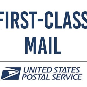May include: A blue and white logo for the United States Postal Service with the text "FIRST-CLASS MAIL" above the logo.