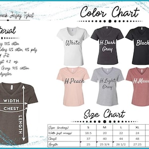 The image is a color chart for a women's v-neck jersey t-shirt, displaying various color options and corresponding measurements.