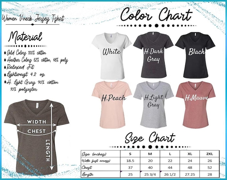 The image is a color chart for a women's v-neck jersey t-shirt, displaying various color options and corresponding measurements.