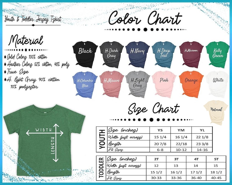 The image is a colorful chart that provides information about a youth and toddler jersey t-shirt, including details such as material, color, size, and dimensions.