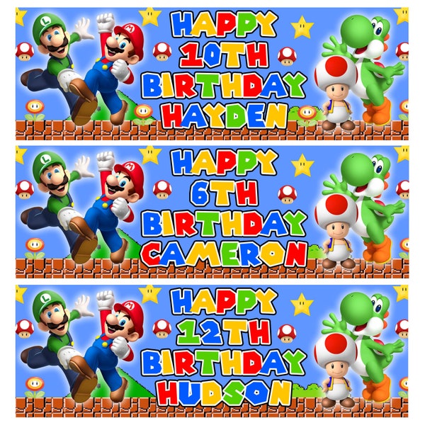 2 x SUPER MARIO Personalized Birthday Banners - Super Mario Personalized Birthday Wall Sign - Super Mario Personalized Birthday Banner - D2
