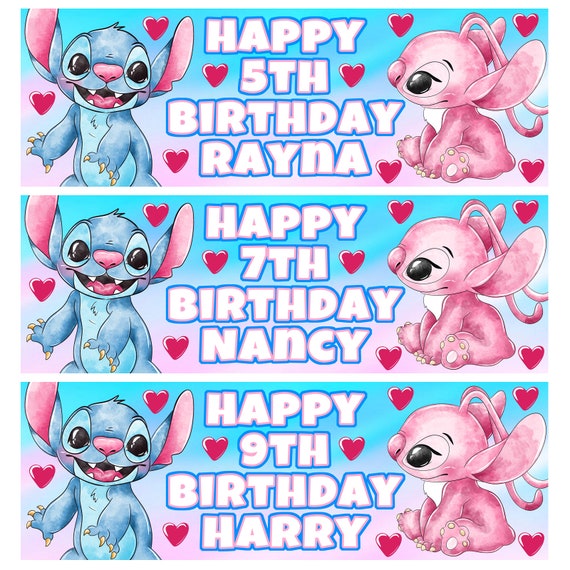 2 x STITCH AND ANGEL Bannières d'anniversaire personnalisées - Bannière  personnalisée Disney Stitch - Papier d'emballage Disney - Bannières Lilo et