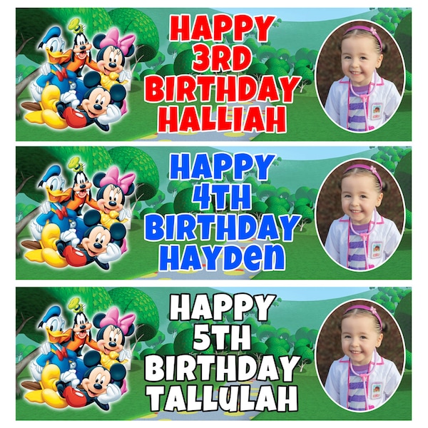 2 x MICKEY MOUSE CLUBHOUSE Photo Personalised Birthday Banners - Disney Mickey Mouse Personalised Banner - Disney Wrapping Paper - Mickey