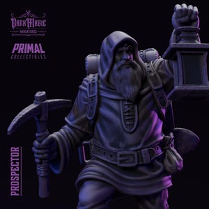Prospector | 3D Printed Resin Miniature | NPC, PC | Dwarf, Pickaxe, Lantern, Hooded | Primal Collectables | D&D, Pathfinder, TTRPG
