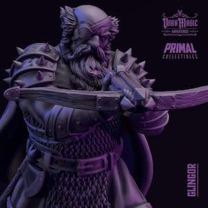 May include: A grayscale miniature of a fantasy warrior with a crossbow. The figure has a long beard, an eye patch, and spiked shoulder armour. The figure is labelled "GLINGOR" and the brands "Dark Magic Miniatures" and "Primal Collectibles" are visible.