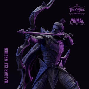 May include: A detailed figurine of a male elf archer, poised to shoot an arrow. The figure is clad in dark armour with a cape, holding a bow. The text "HAGGAR ELF ARCHER" is on the left, and "DARK MAGIC MINIATURES" and "PRIMAL COLLECTIBLES" are at the top.
