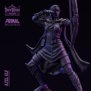 May include: Azel Elf figurine in a dynamic pose, drawing a bow. The figure is clad in detailed armor and a flowing cape. The image features the text "Dark Magic Miniatures" and "Primal Collectibles".