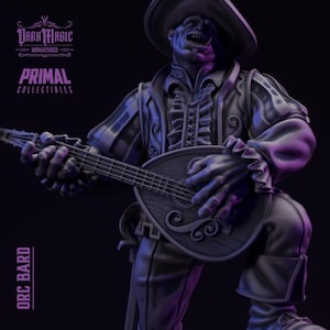 May include: A detailed, grayscale figurine of an Orc Bard playing a mandolin. The figure wears a hat and ruffled clothing. The image includes the text "Dark Magic Miniatures" and "Primal Collectibles."
