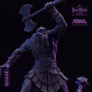 May include: A detailed, dark-toned figurine of a reptilian humanoid warrior, wielding a large axe. The figure is clad in armor and has a menacing expression. The text "SKHAAR" is visible on the side, with "Dark Magic Miniatures" and "Primal Collectibles" logos.