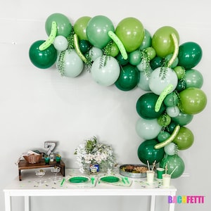 May include: A party decoration featuring a balloon arch in shades of green, with decorative accents. A table is set with plates, cups, and food, creating a festive atmosphere. The scene is set against a white wall.