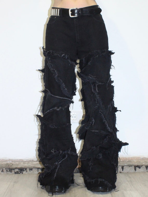 Custom Opium Core Reworked Vintage Distressed Patchwork Destroyed Denim  Black Alt Wide Leg Oversized Baggy Punk Streetwear Y2k 2000 Jeans 