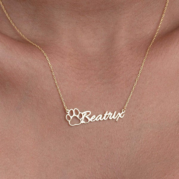 Sterling Silver Dog Paw Name Necklace, Personalized Pet Memorial Jewelry