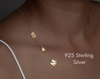 925 Sterling Silver Sideways Initial Necklace, Personalised Gold Middle Letter Necklace, Birthday Gift, Valentines Gift for Her, Women, Kids