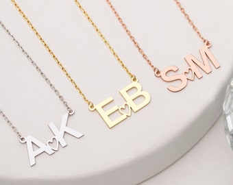 Personalised Double 2 Initial Love Necklace with Heart, Gold Letter Necklace, 925 Silver Necklace, Birthday Gift for Her, Mothers Day Gift