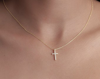 Tiny Gold Cross Pendant Necklace, Sterling Silver Religious Jewelry, Small Cubic Zirconia Cross Necklace for Women, Kids, Mothers Day Gift
